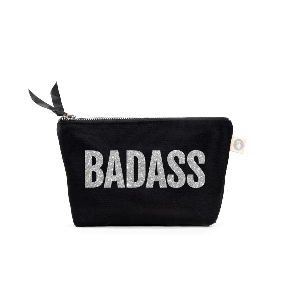 Luxury Bags For Working Professionals BADASS Makeup Bag Black with Silver Glitter Timeless Handbags Now At Special Discounts