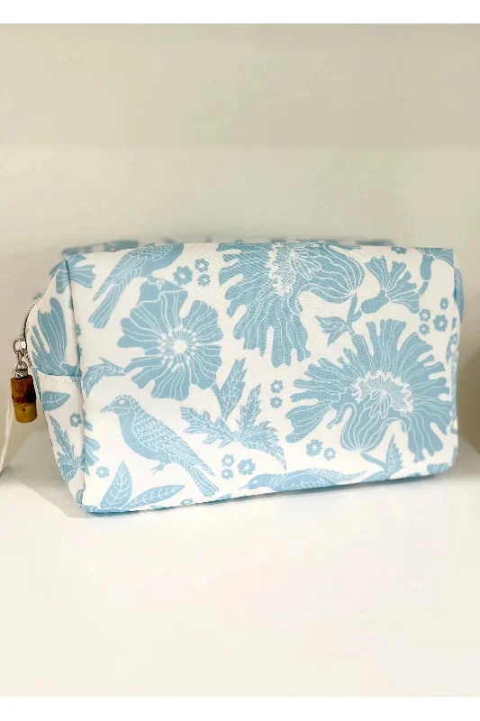 Light Blue and White Floral On Board Make Up Bag