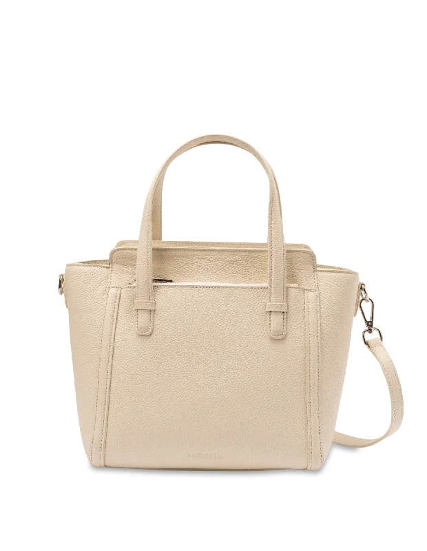 Mocha Veronica Leather Small Tote- Cream