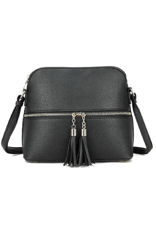 BREEZE CROSSBODY BAG WITH TASSEL AND ZIP DETAIL  IN BLACK FAXU LEATHER