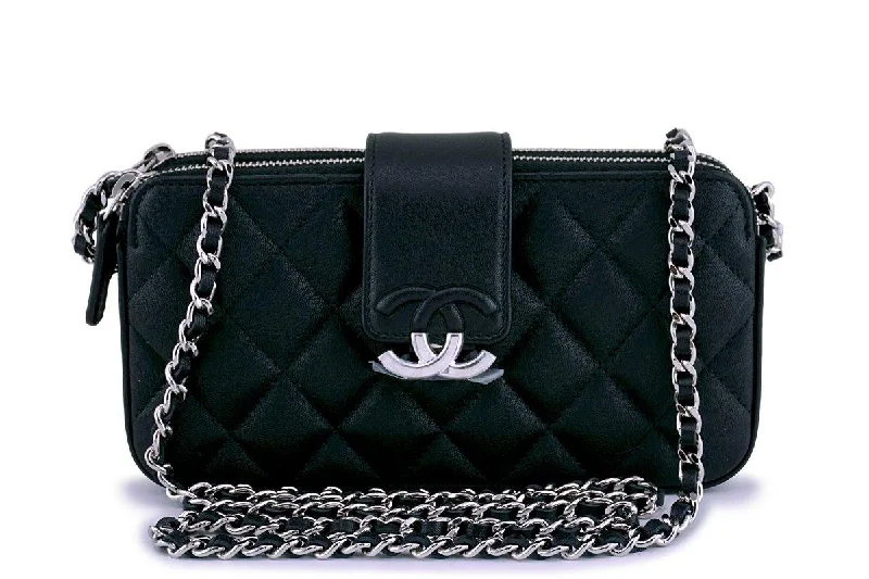 New 18P Chanel Black CC Double Zip Clutch Wallet on Chain WOC Bag