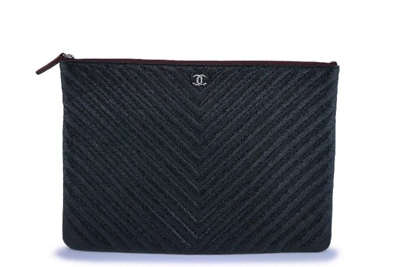 NIB 19C Chanel Black Caviar Chevron Classic Large O Case Clutch Bag Designer Bags, Low Prices