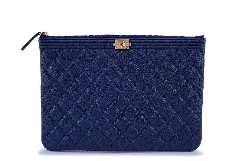 NIB 19C Chanel Indigo Blue Caviar Quilted Boy O Case Clutch Pouch Bag