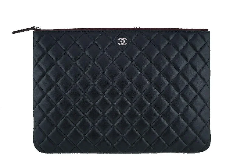 NWT 17S Chanel Large Black Lambskin Classic Quilted O Case Clutch Purse Bag